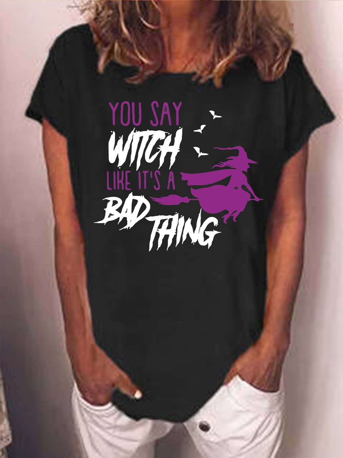 Women Halloween Brooms Witch Casual Loose Halloween T-Shirt