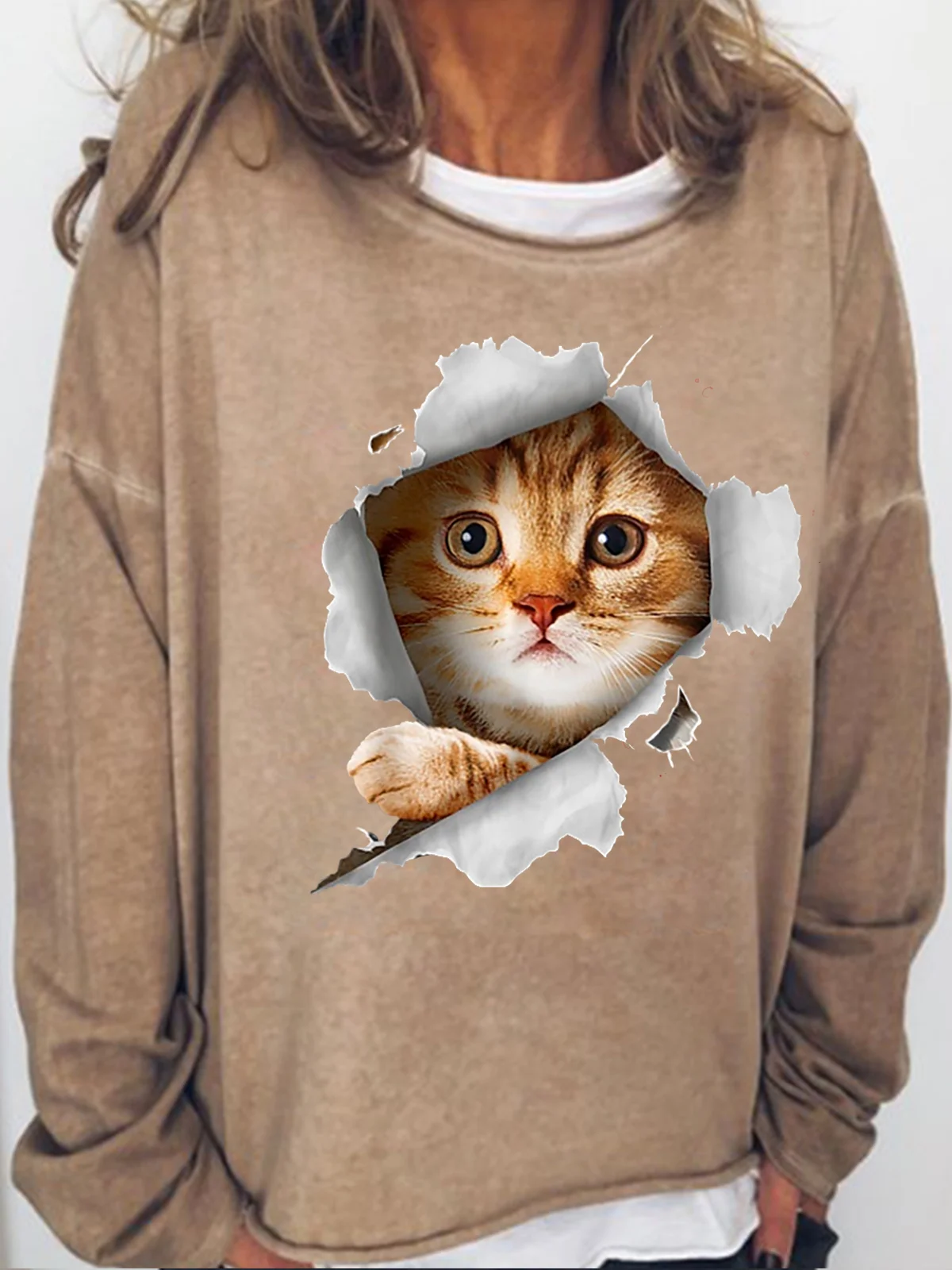 Womens 3D Cat Print Crew Neck Sweatshirt