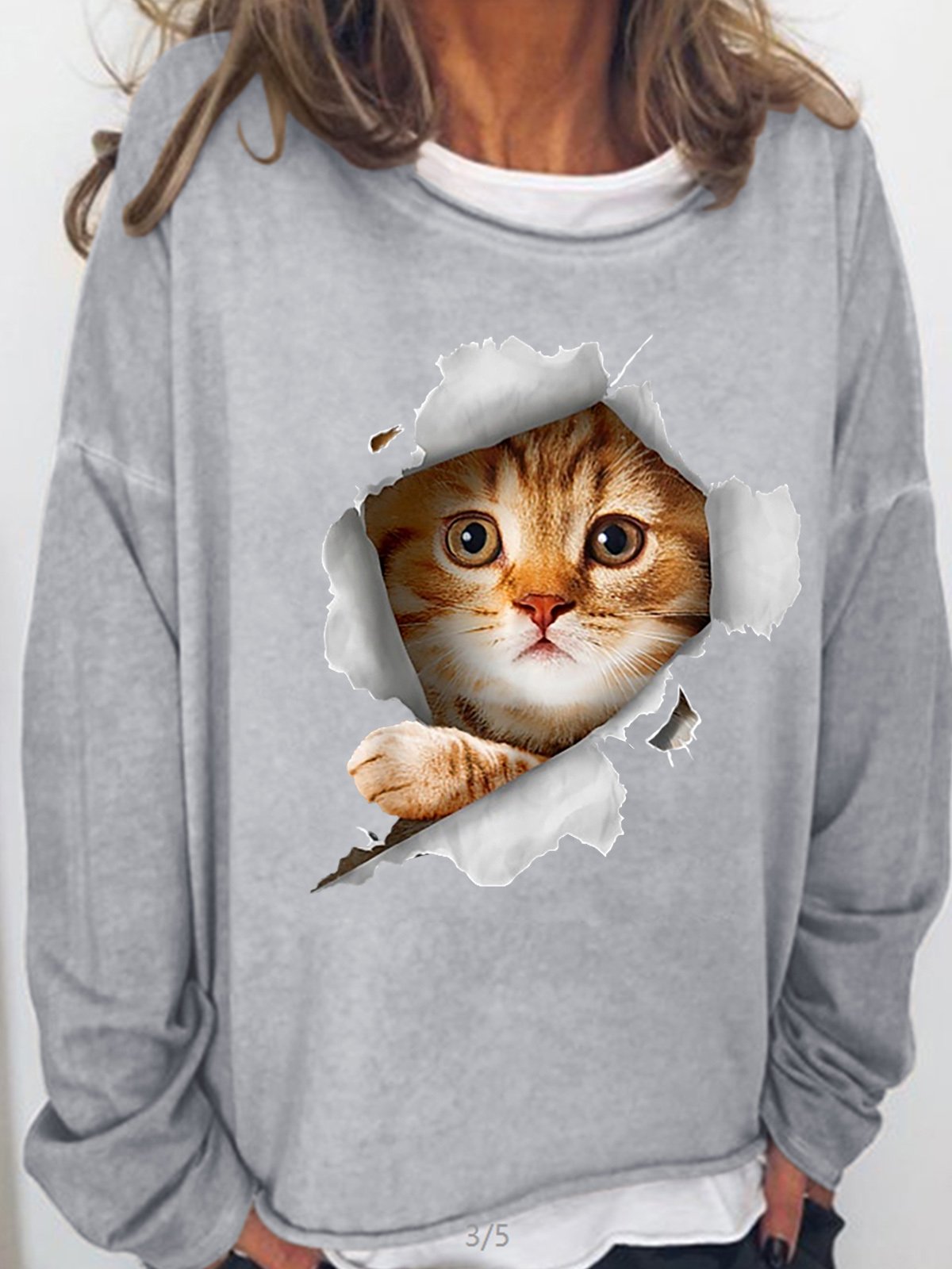 Womens 3D Cat Print Crew Neck Sweatshirt