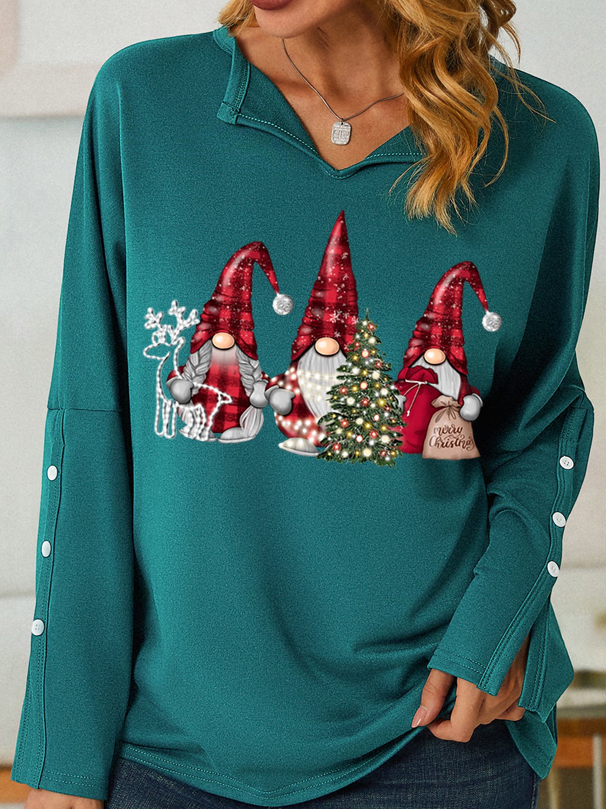 Women's Christmas Gnome Simple V Neck Christmas Sweatshirt