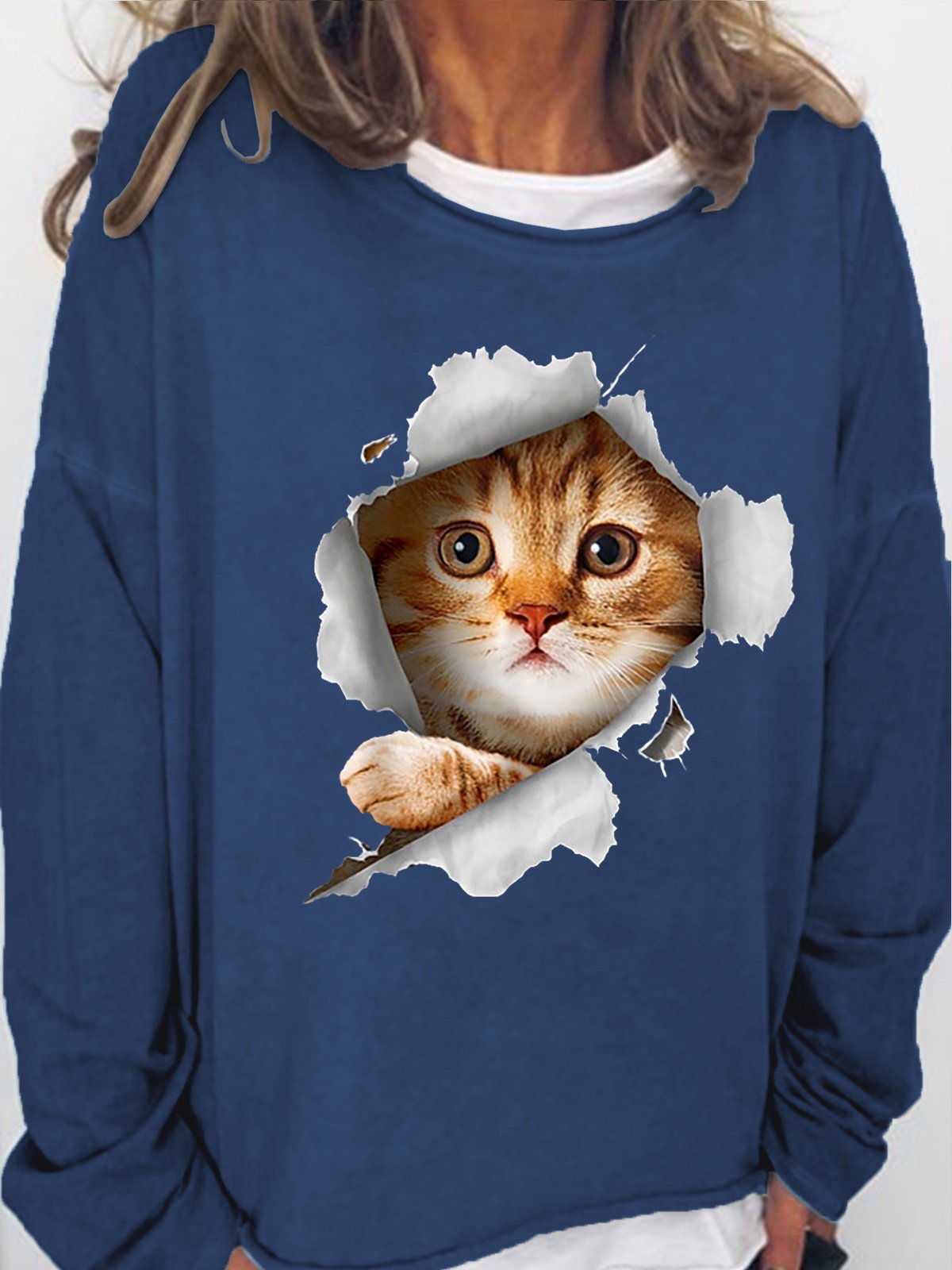 Womens 3D Cat Print Crew Neck Sweatshirt