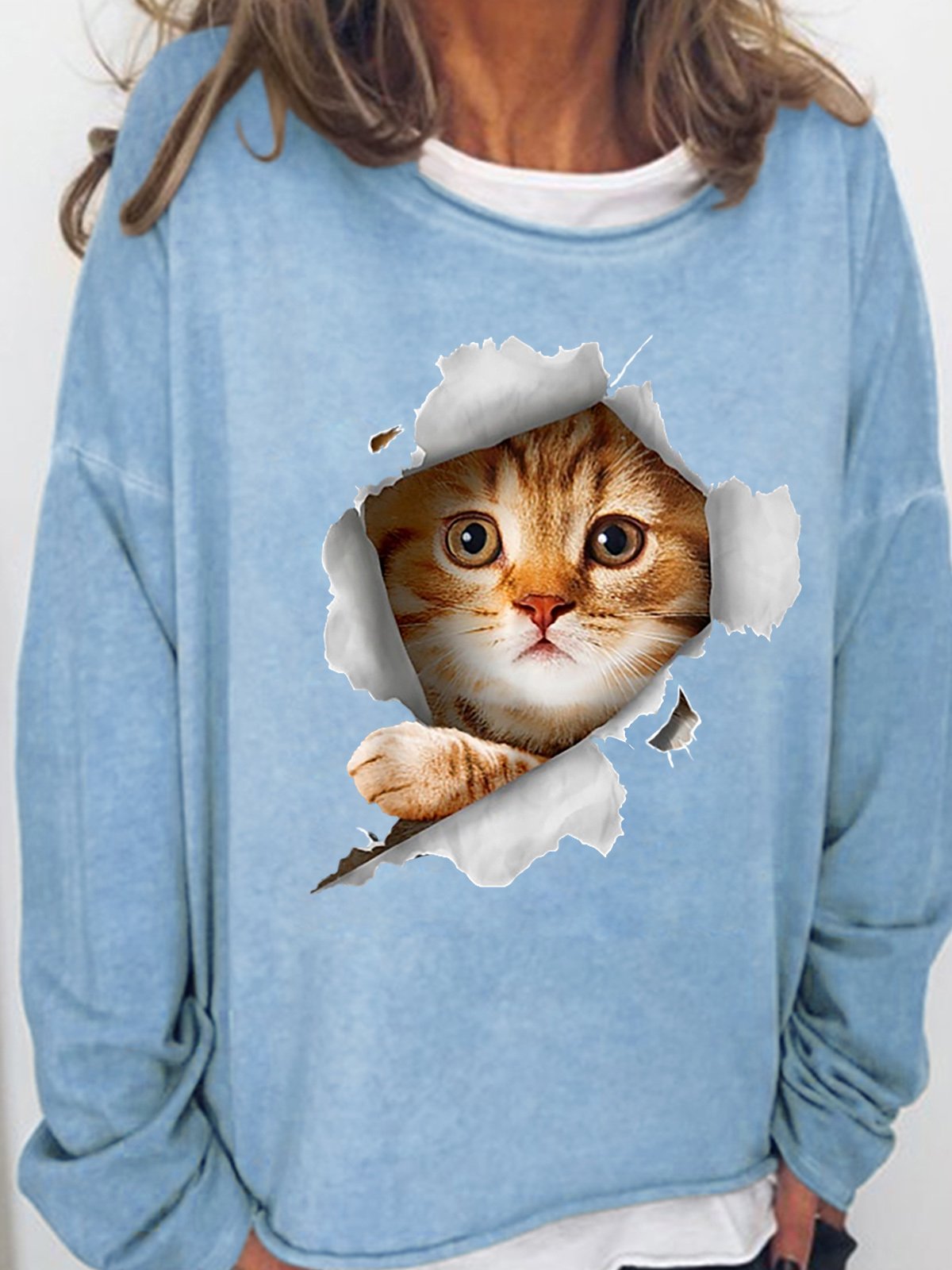 Womens 3D Cat Print Crew Neck Sweatshirt