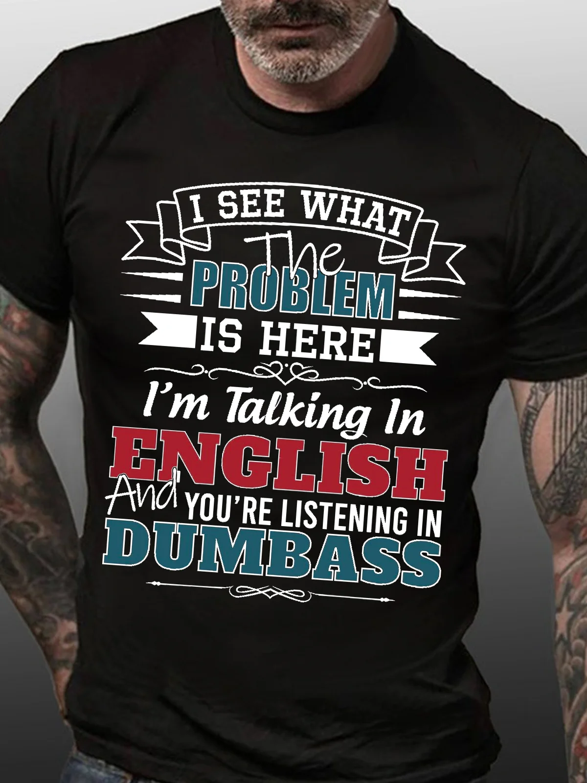 Funny Saying I See What The Problem Is Here I’M Talking In English And You’Re Listening In Dumbass Text Letters Crew Neck T-Shirt