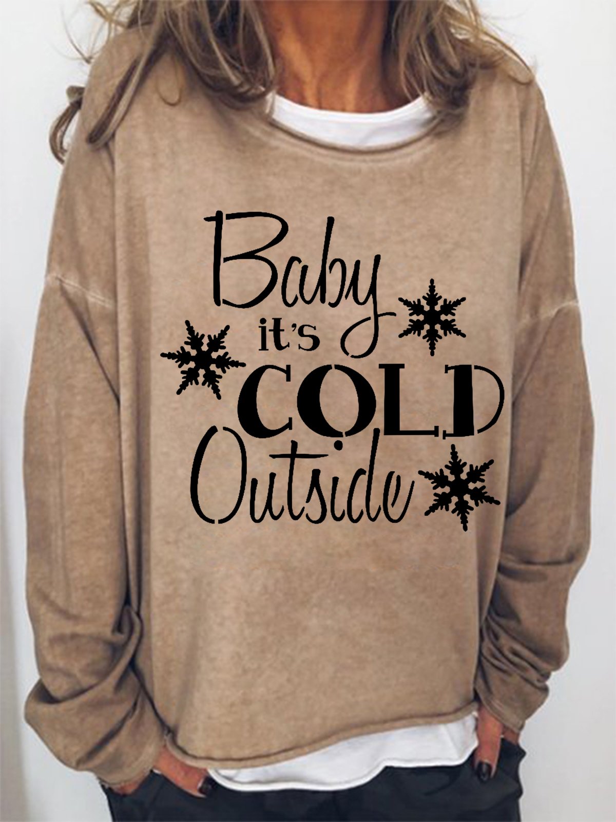 Women Baby It's Cold Outside Snowflake Christmas Crew Neck Simple Sweatshirt