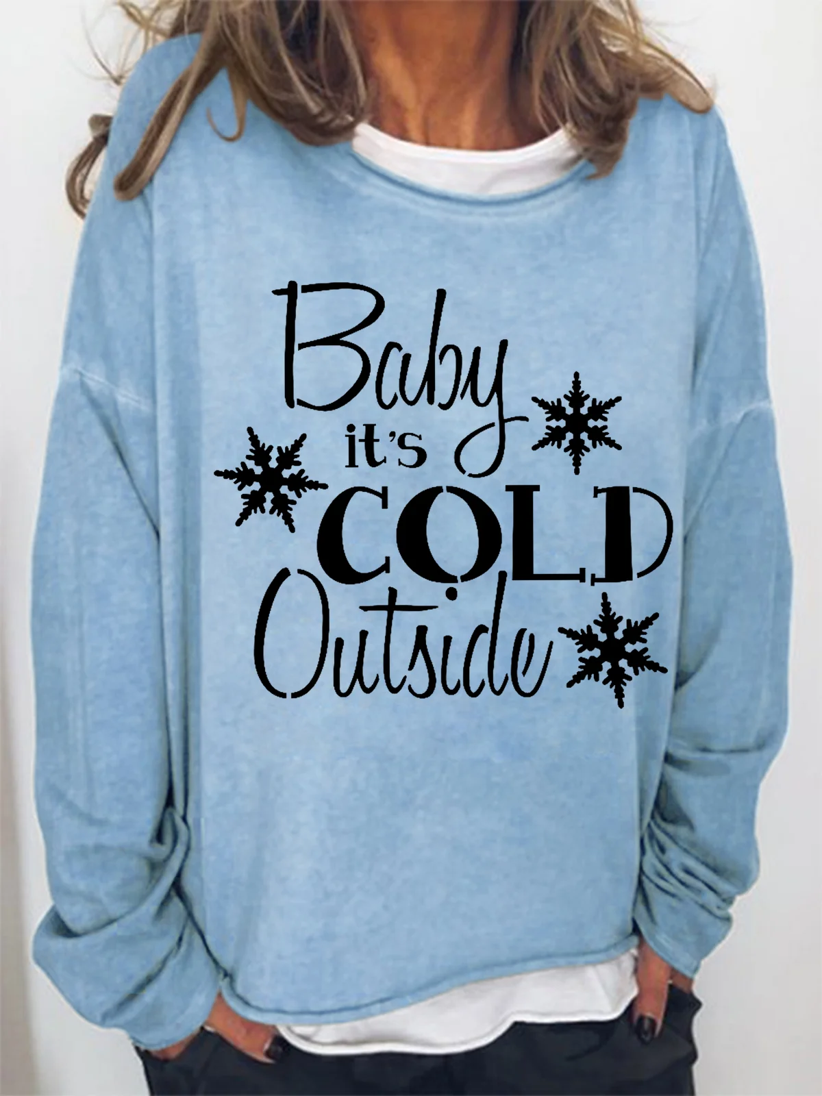 Women Baby It's Cold Outside Snowflake Christmas Crew Neck Simple Sweatshirt