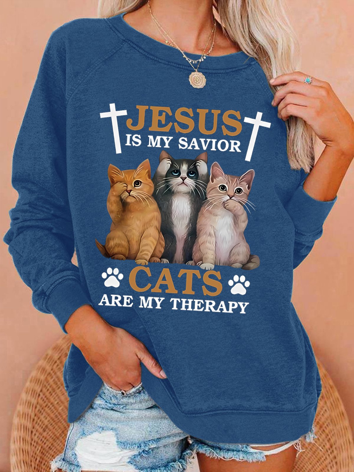 Women's Funny Jesus Is My Savior Cats Are My Therapy Cat Graphic Graphic Text Letters Sweatshirt