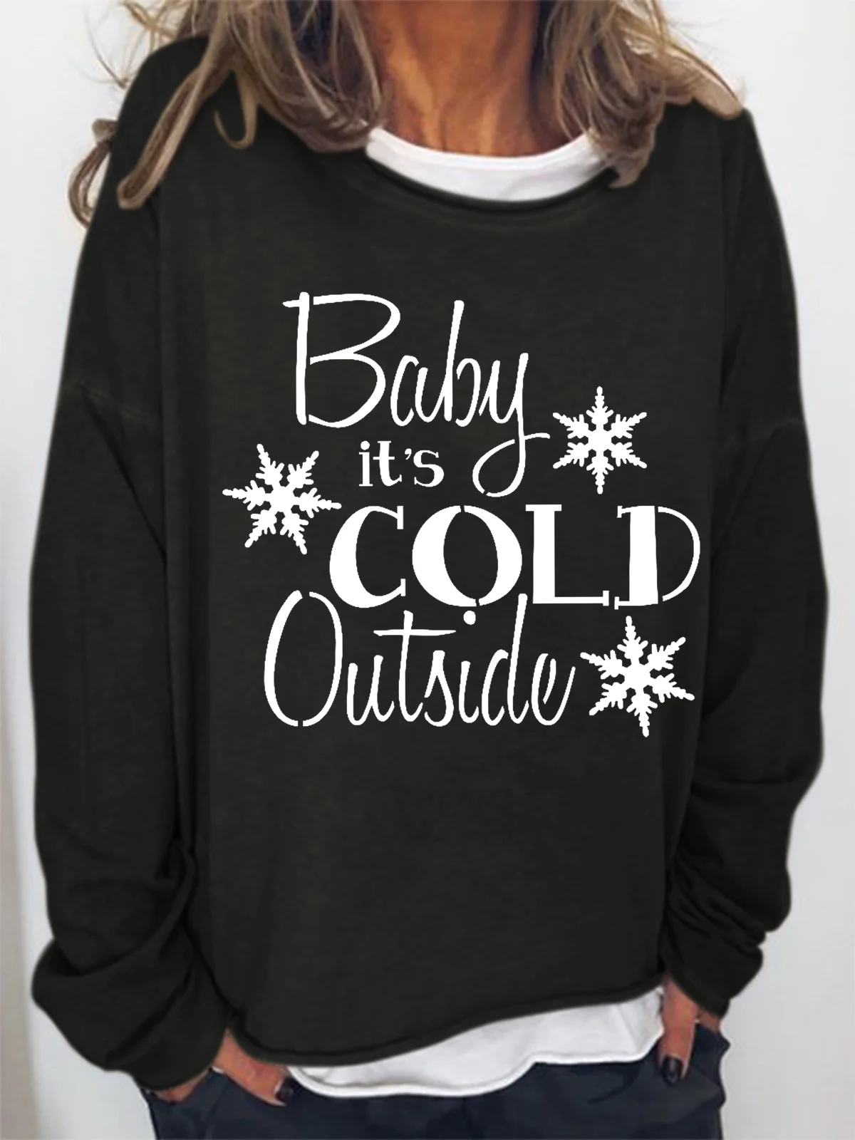 Women Baby It's Cold Outside Snowflake Christmas Crew Neck Simple Sweatshirt