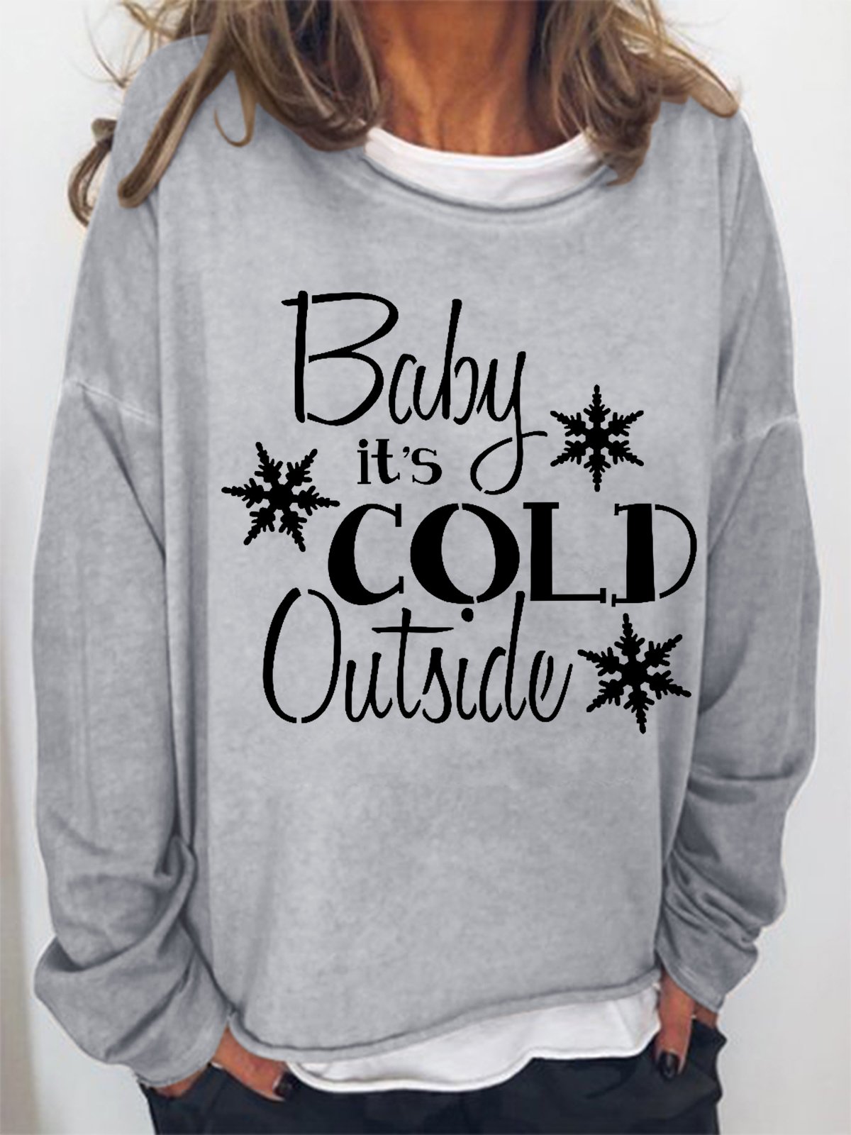 Women Baby It's Cold Outside Snowflake Christmas Crew Neck Simple Sweatshirt