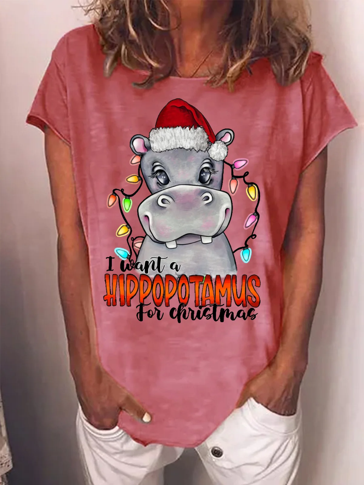 Women's I Was A Hippopotamus For Christmas Funny Graphic Printed Cotton-blend Crew Neck T-shirt