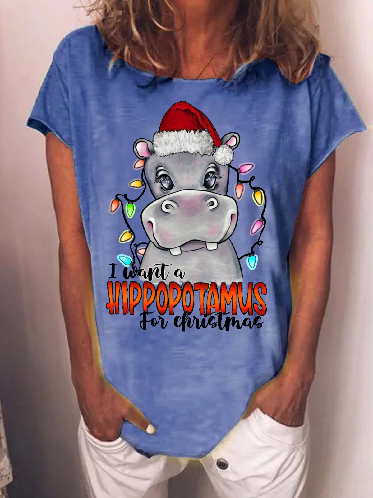 Women's I Was A Hippopotamus For Christmas Funny Graphic Printed Cotton-blend Crew Neck T-shirt