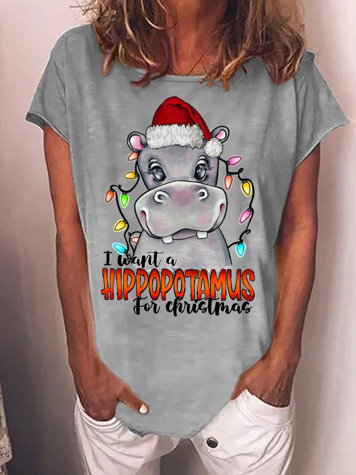 Women's I Was A Hippopotamus For Christmas Funny Graphic Printed Cotton-blend Crew Neck T-shirt