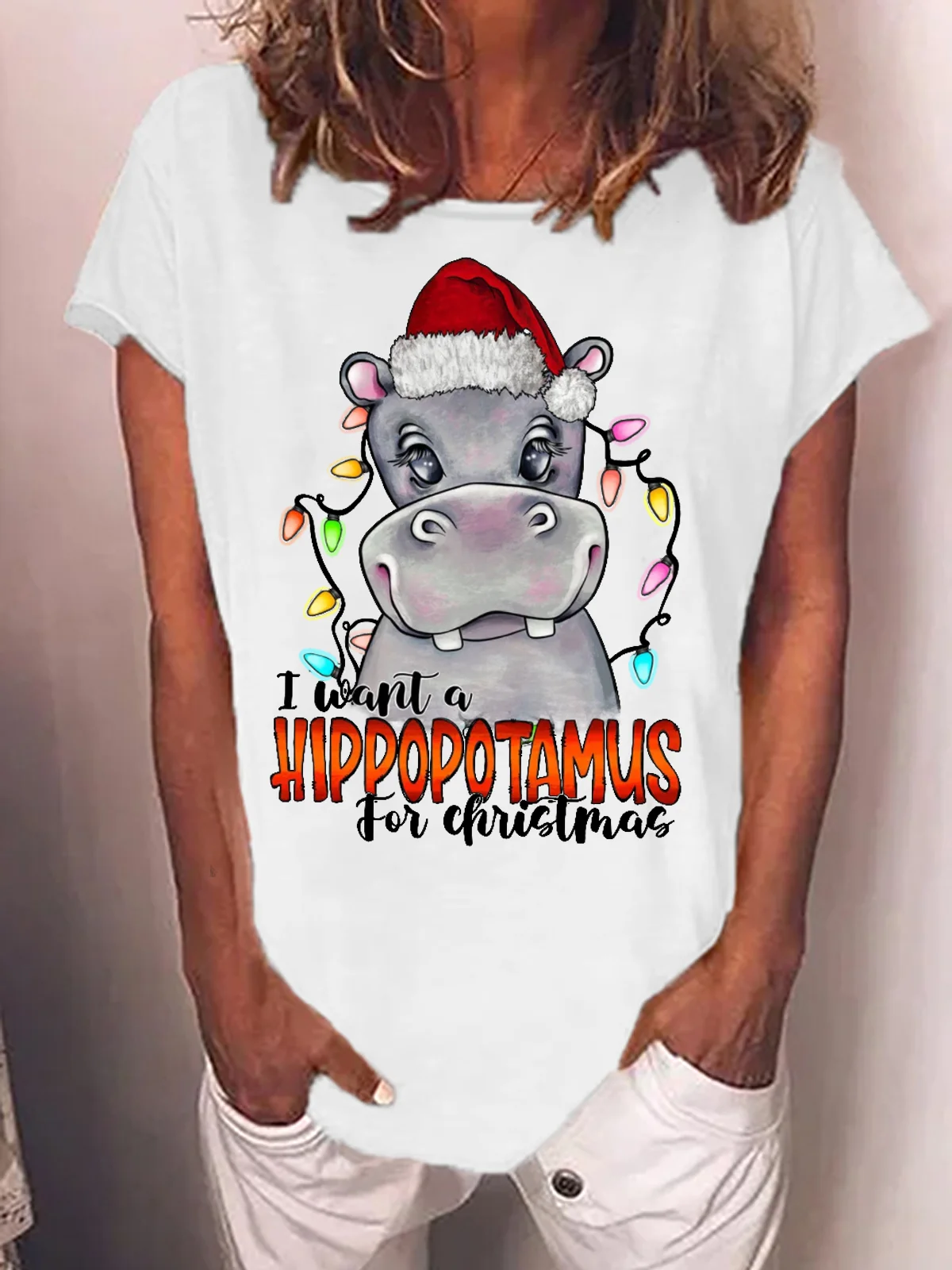 Women's I Was A Hippopotamus For Christmas Funny Graphic Printed Cotton-blend Crew Neck T-shirt