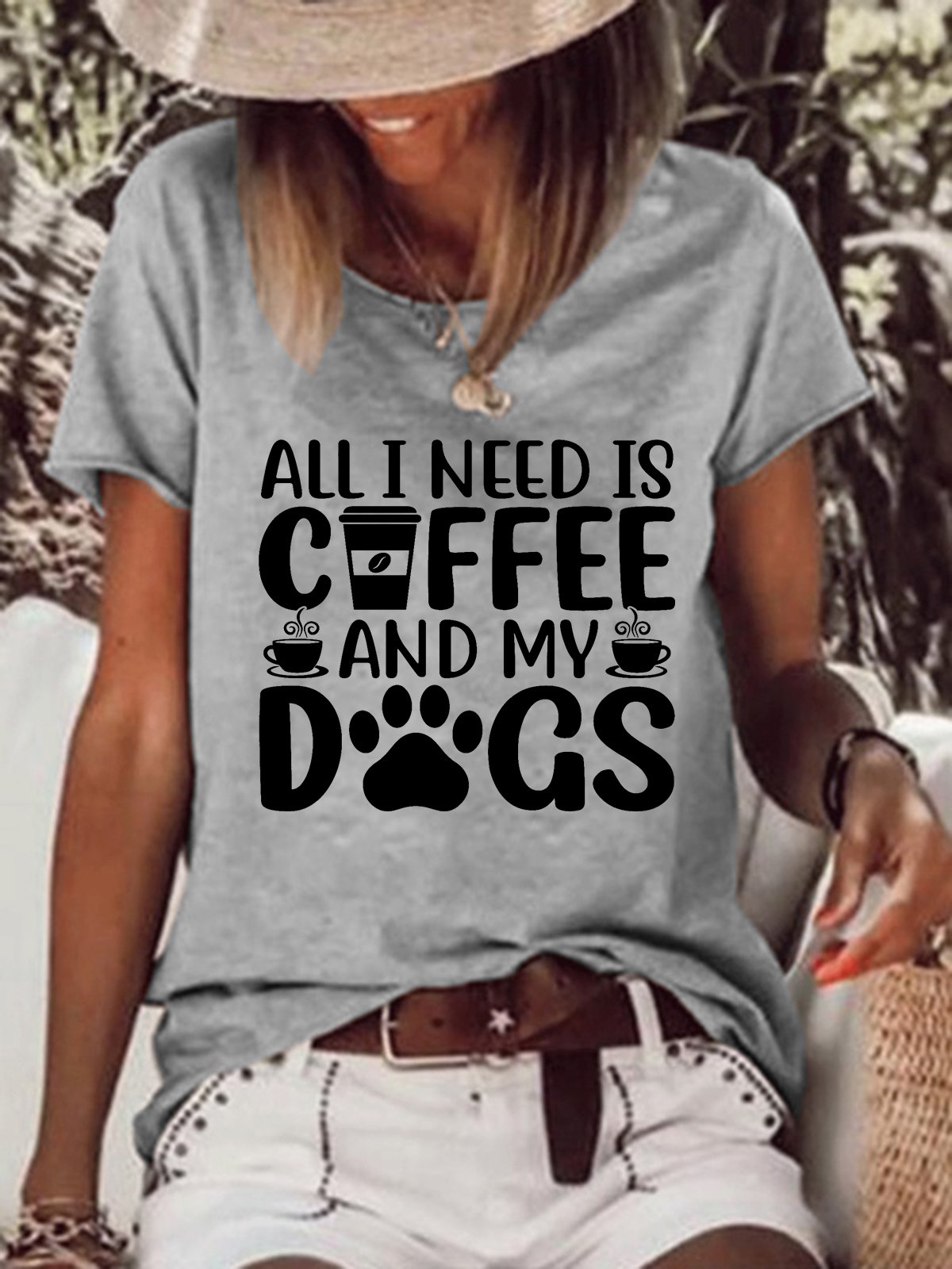 Women Funny All I Need Is Coffee And My Dog Crew Neck T-Shirt