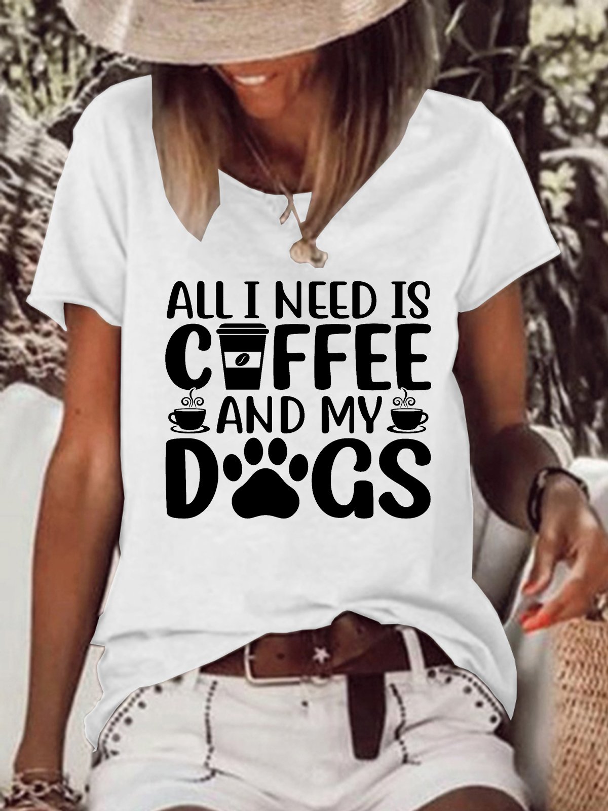 Women Funny All I Need Is Coffee And My Dog Crew Neck T-Shirt