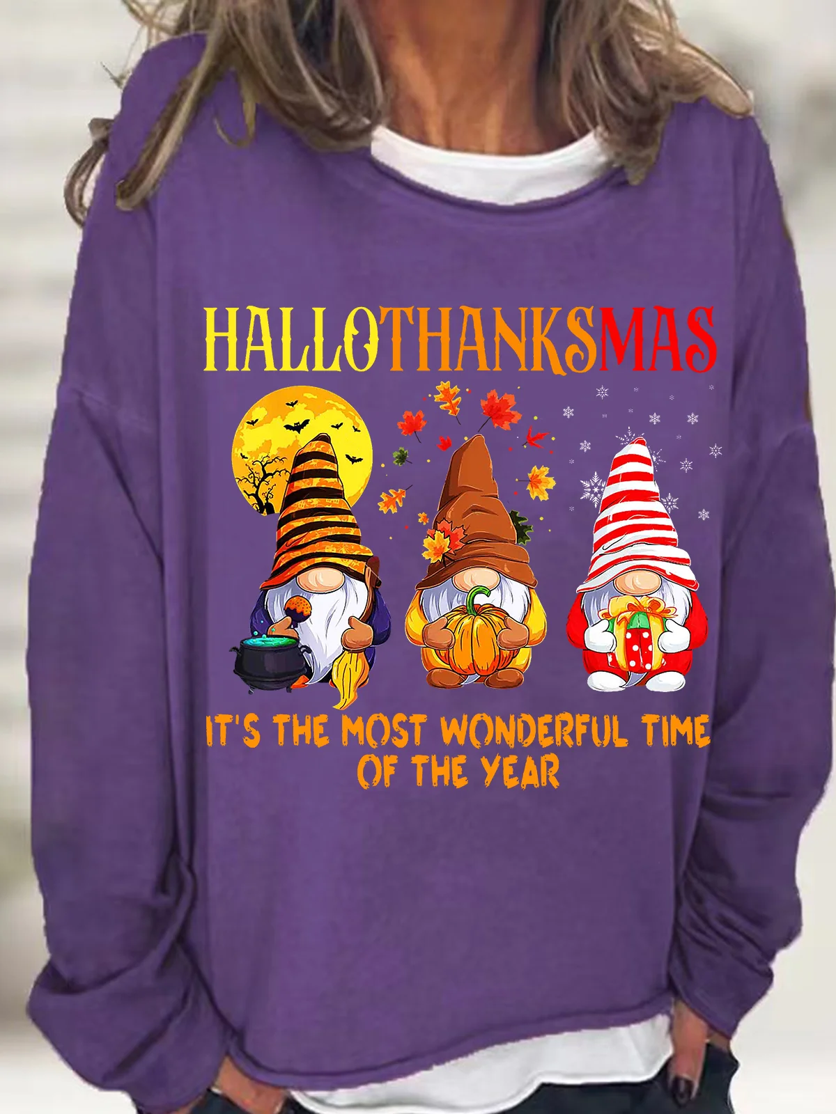 Womens Funny Hallothanksmas Holiday Gnome Casual Top