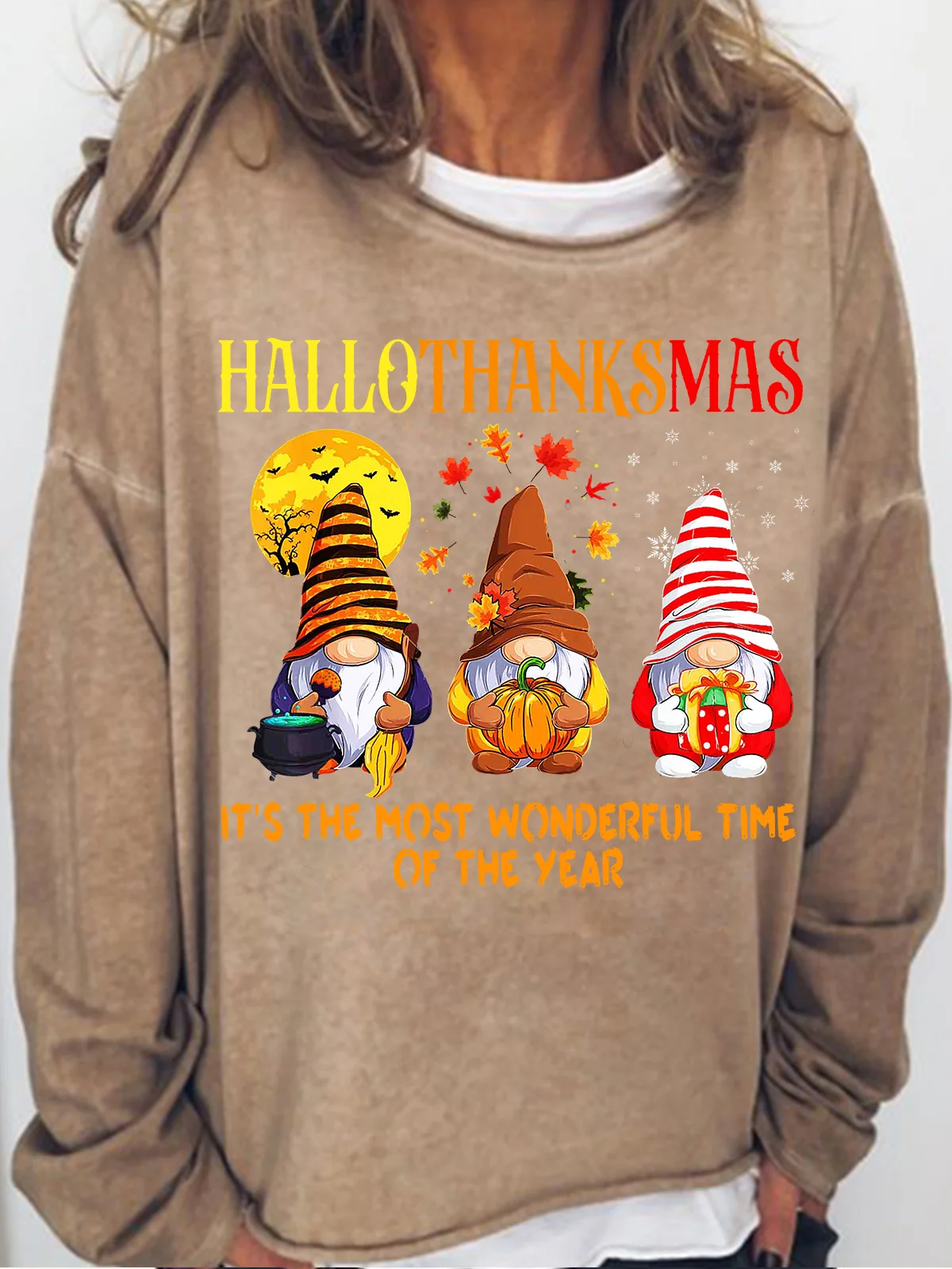 Womens Funny Hallothanksmas Holiday Gnome Casual Top