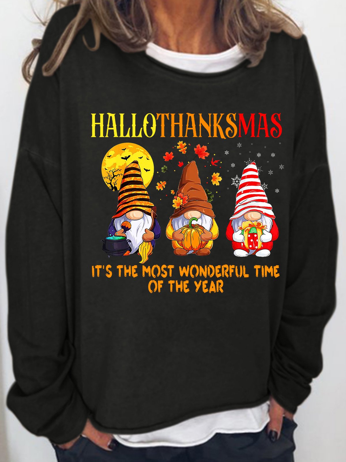 Womens Funny Hallothanksmas Holiday Gnome Casual Top