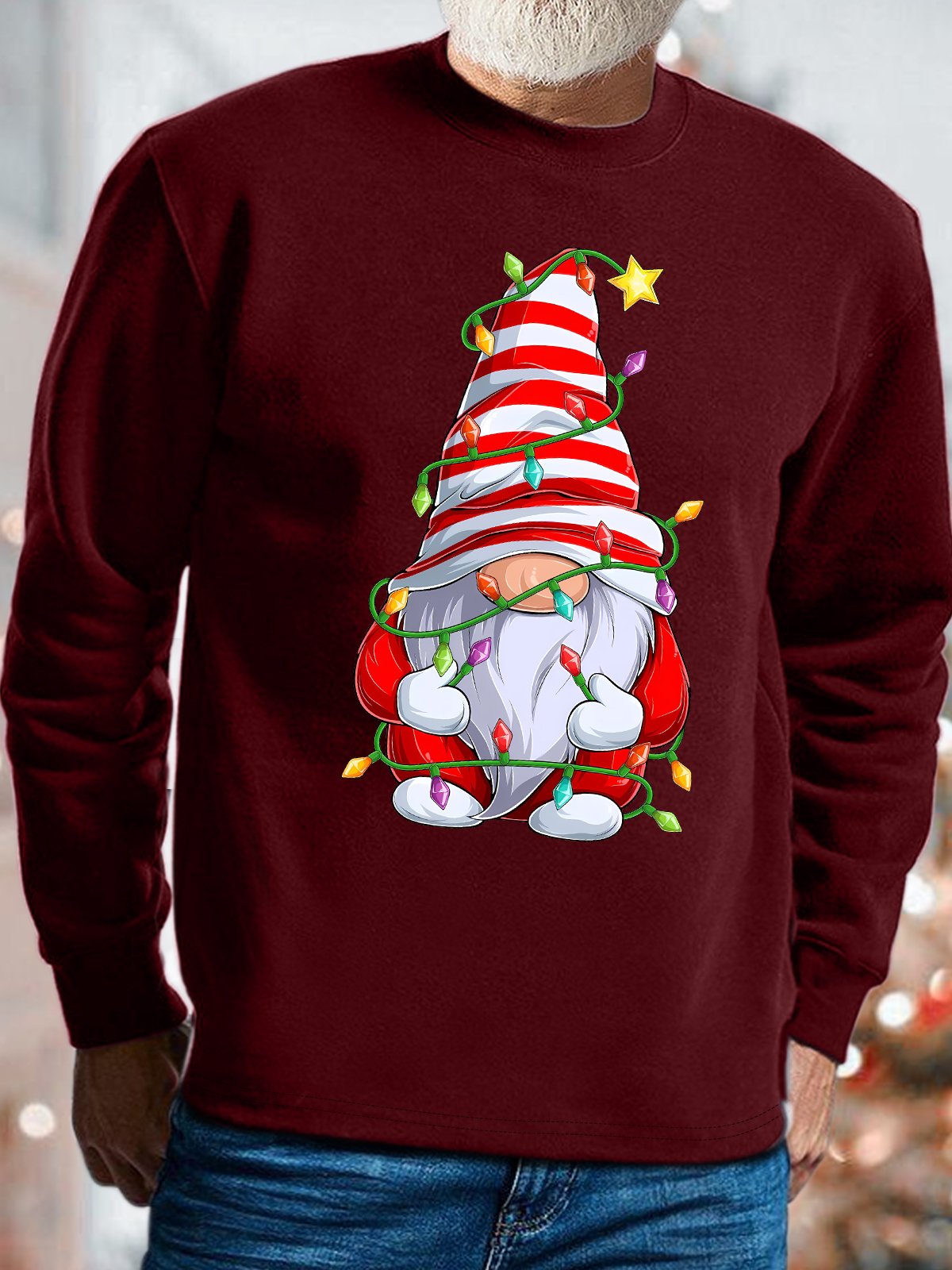 Mens Christmas Gnome Graphics Printed Crew Neck Loose Sweatshirt