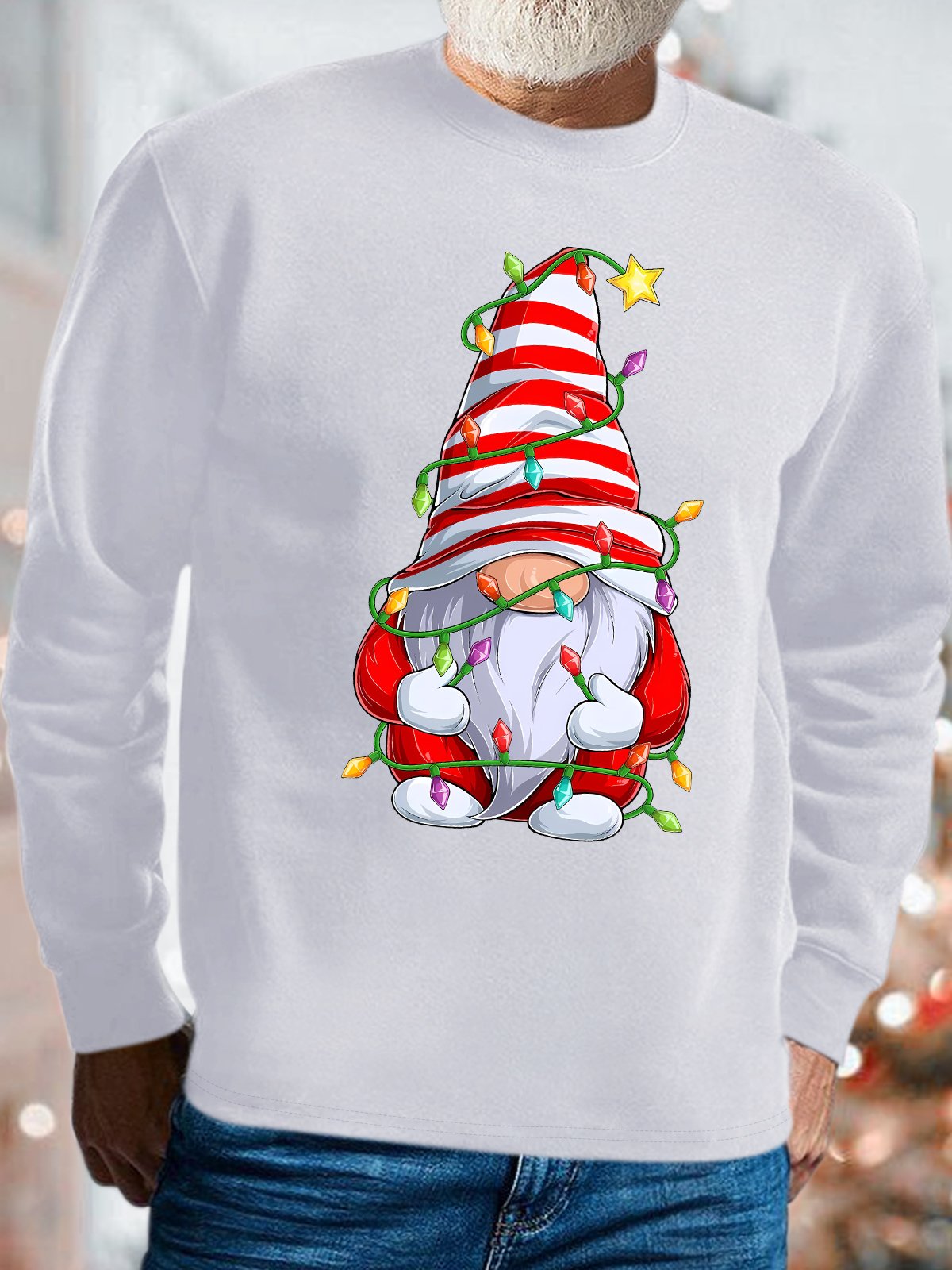 Mens Christmas Gnome Graphics Printed Crew Neck Loose Sweatshirt