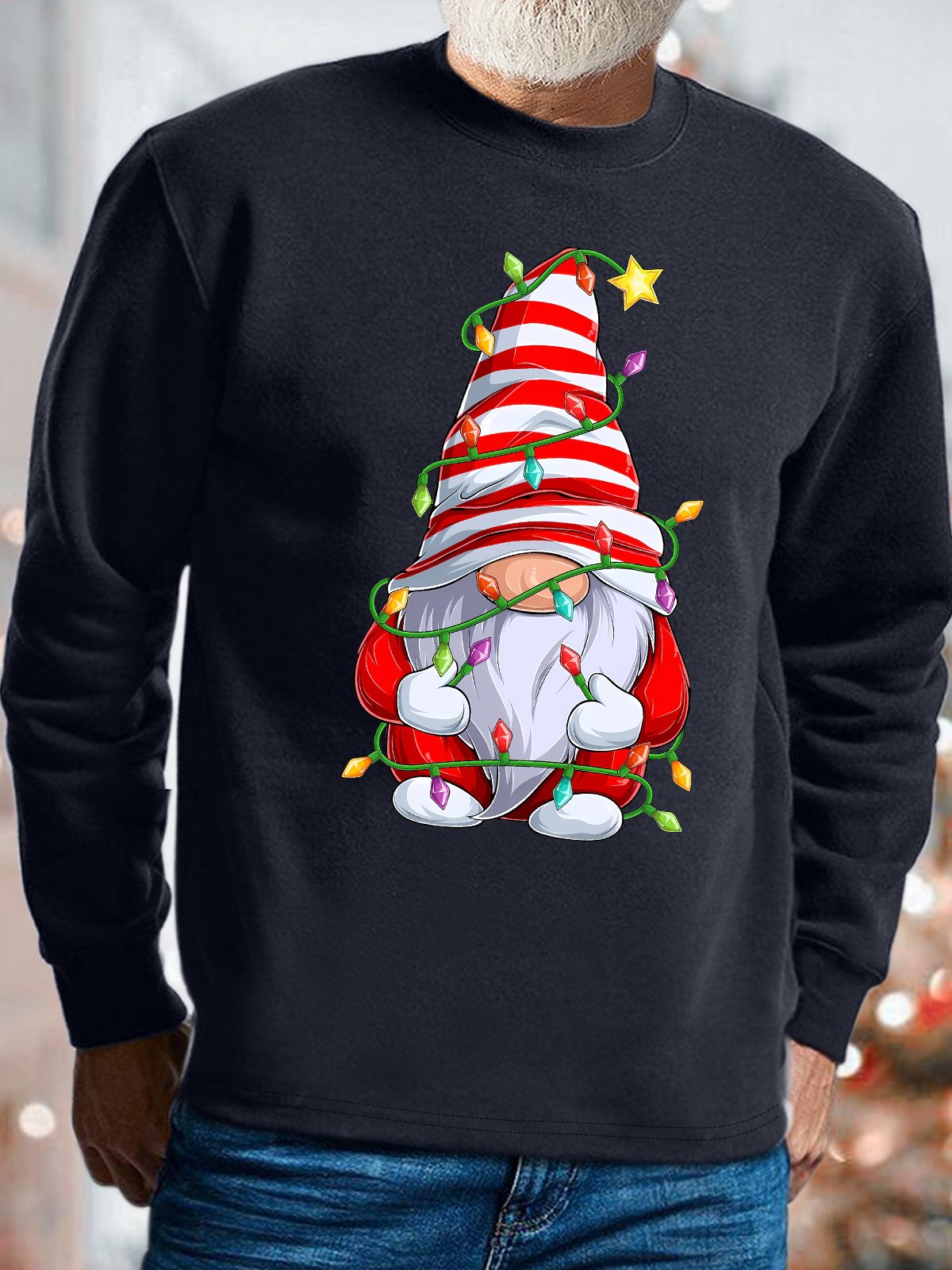 Mens Christmas Gnome Graphics Printed Crew Neck Loose Sweatshirt