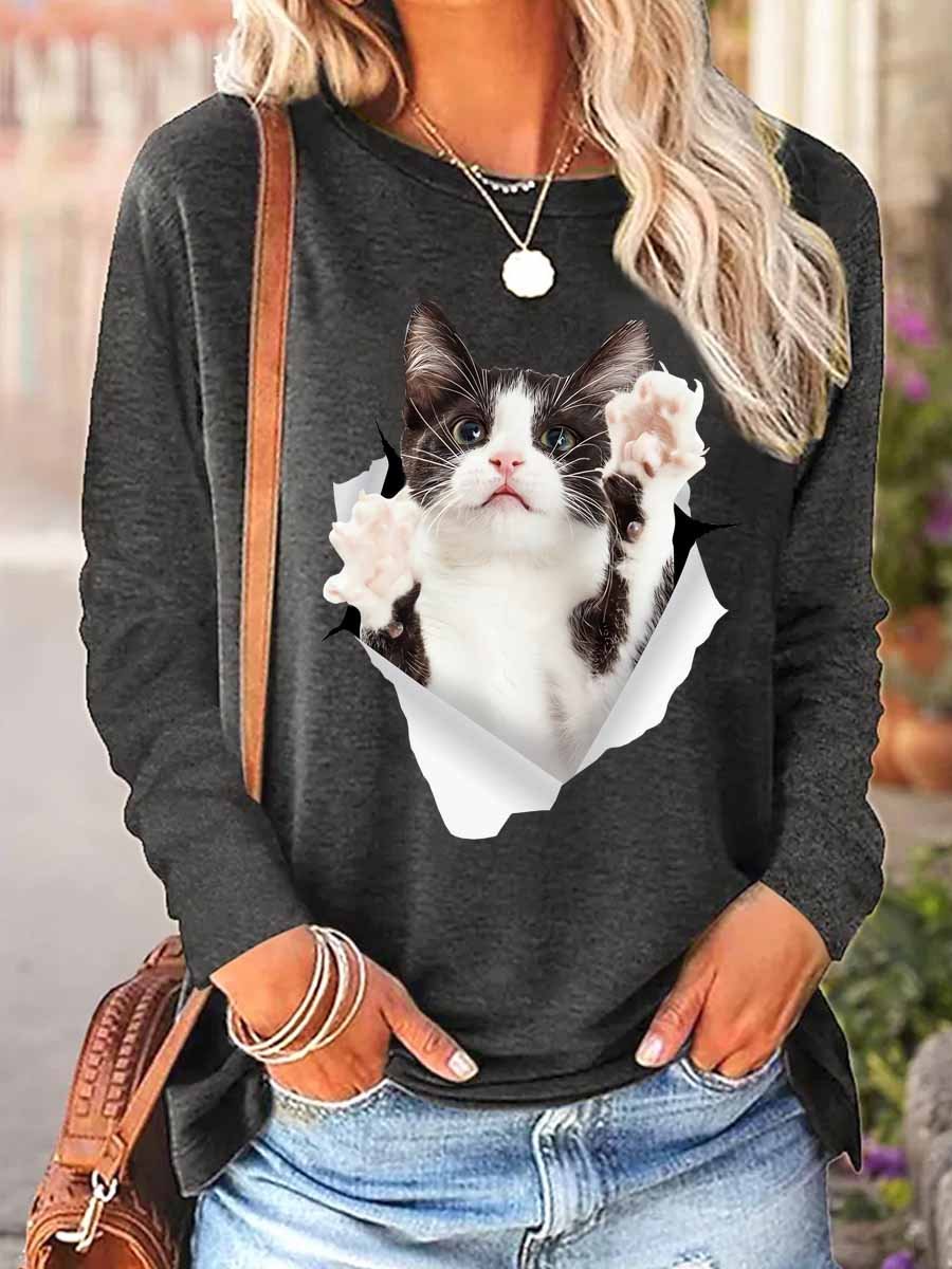 Women Funny Cat 3D Print Cotton-Blend  Long sleeve Top