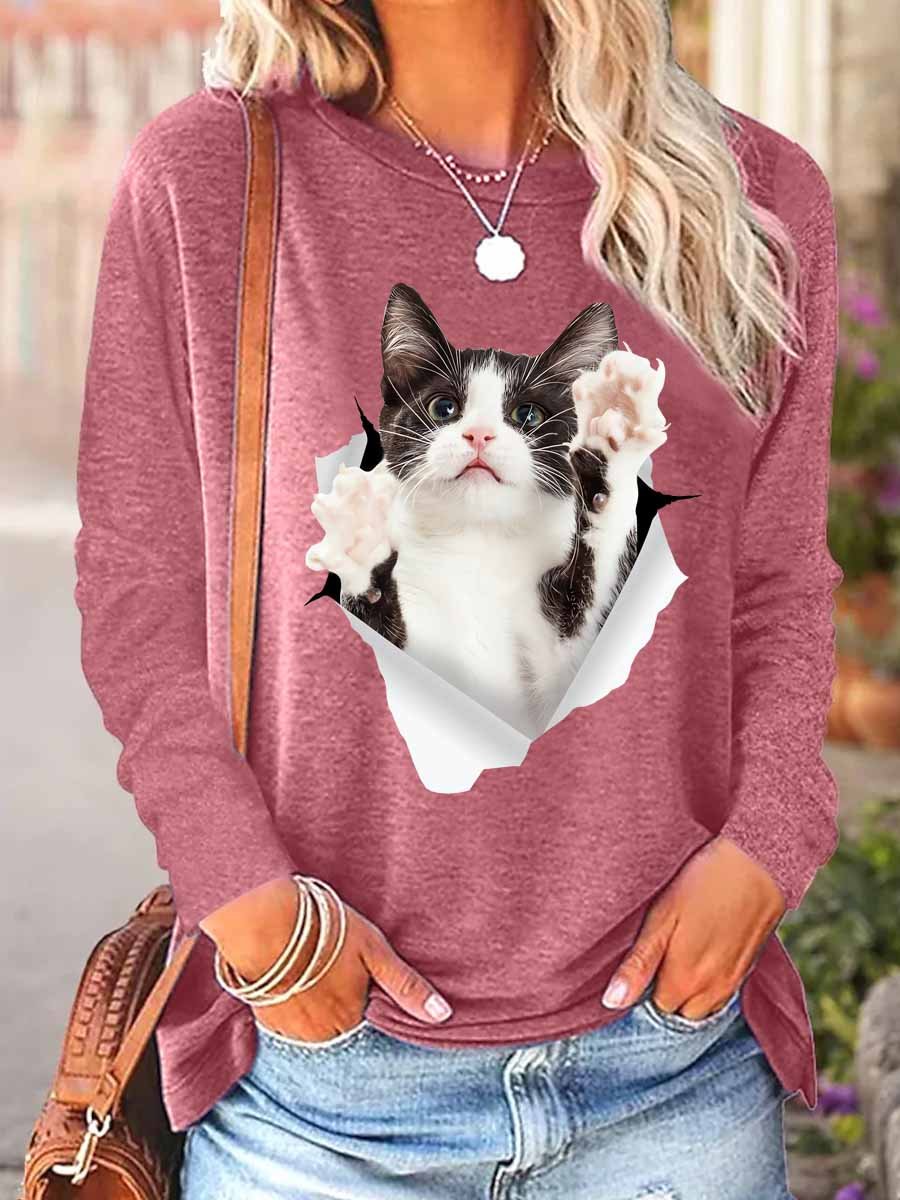 Women Funny Cat 3D Print Cotton-Blend  Long sleeve Top