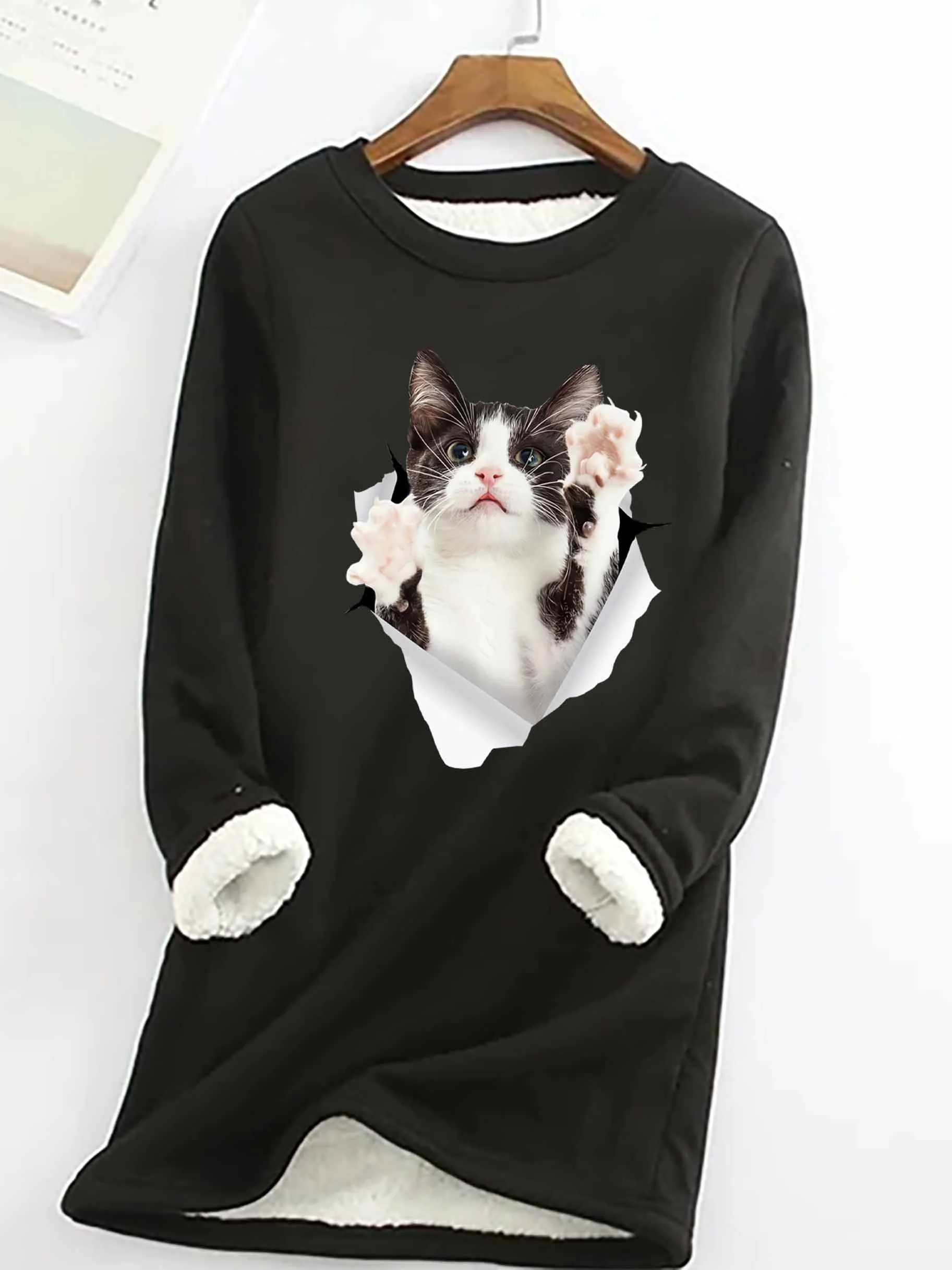 Women Funny Cat 3D print Crew Neck Loose Simple Sweatshirt