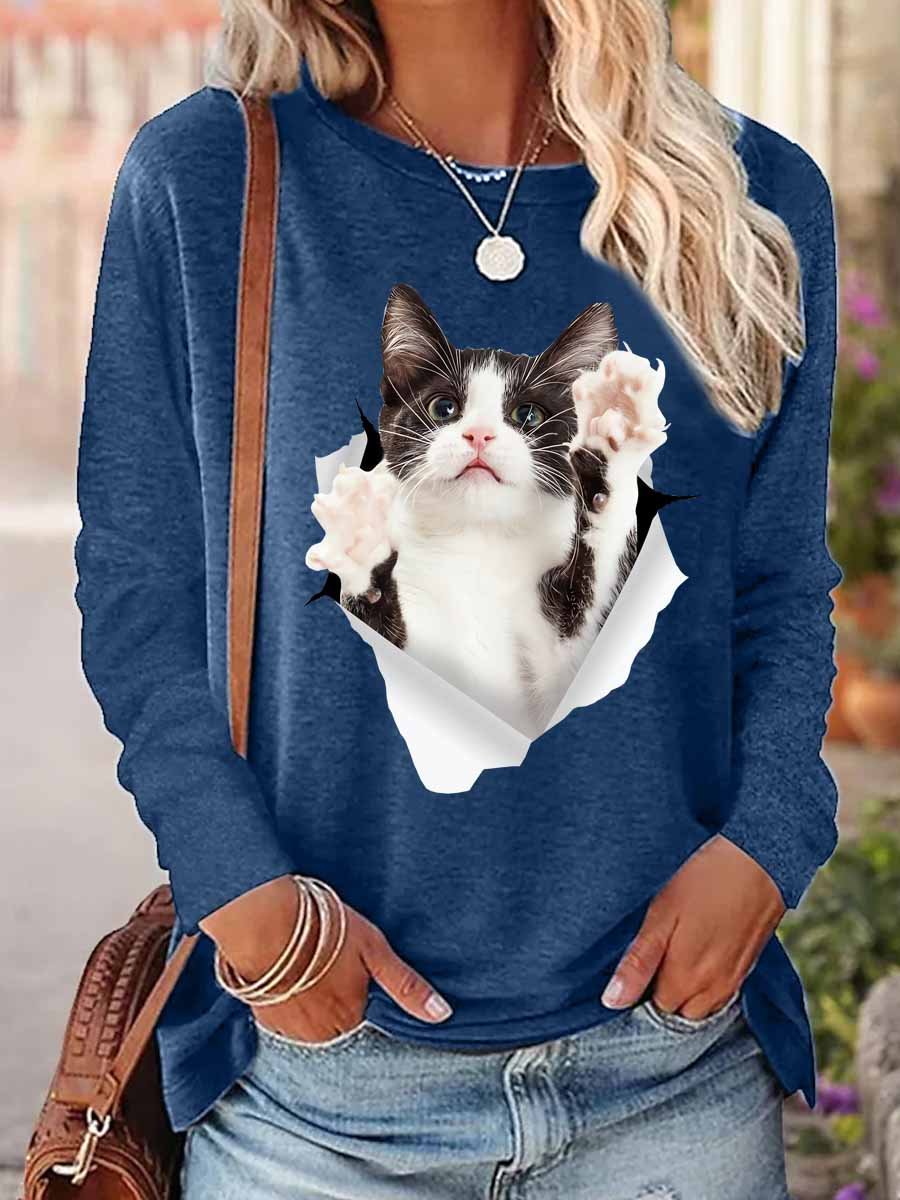 Women Funny Cat 3D Print Cotton-Blend  Long sleeve Top