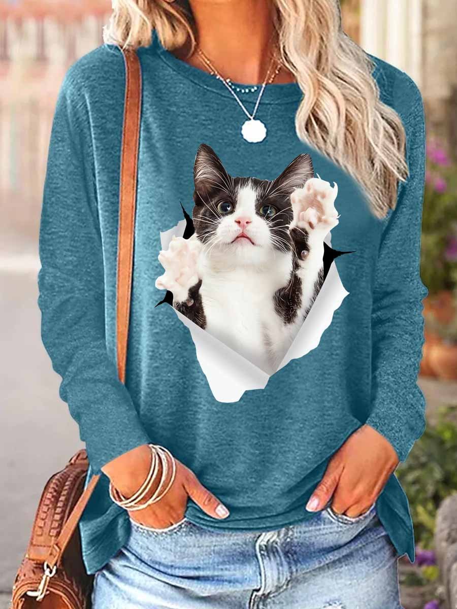 Women Funny Cat 3D Print Cotton-Blend  Long sleeve Top