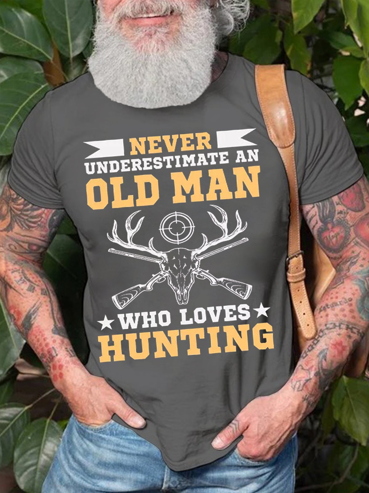 Mens Never Understimate An Old Man Who Loves Hunting Funny Graphic Print Casual Text Letters Cotton T-Shirt