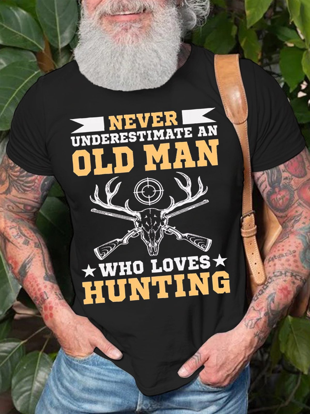 Mens Never Understimate An Old Man Who Loves Hunting Funny Graphic Print Casual Text Letters Cotton T-Shirt