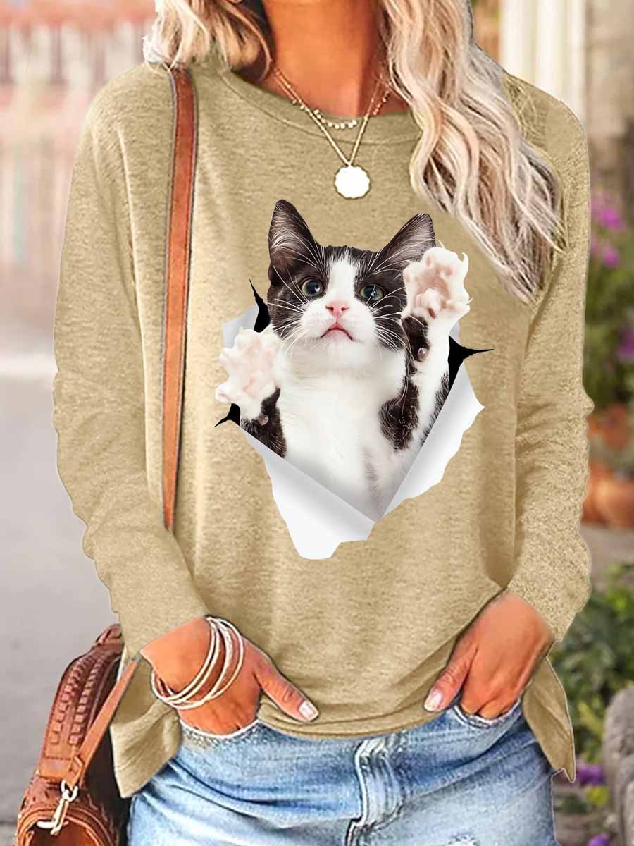 Women Funny Cat 3D Print Cotton-Blend  Long sleeve Top