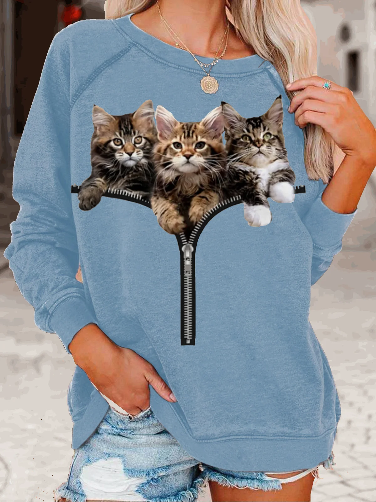 Womens Cat Lover Casual Crew Neck Sweatshirt