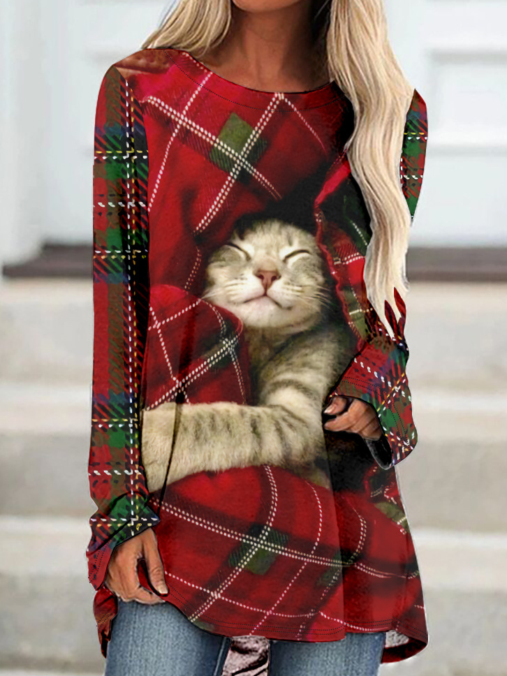 Women's Christmas Cat Plaid Crew Neck Long Sleeve Top