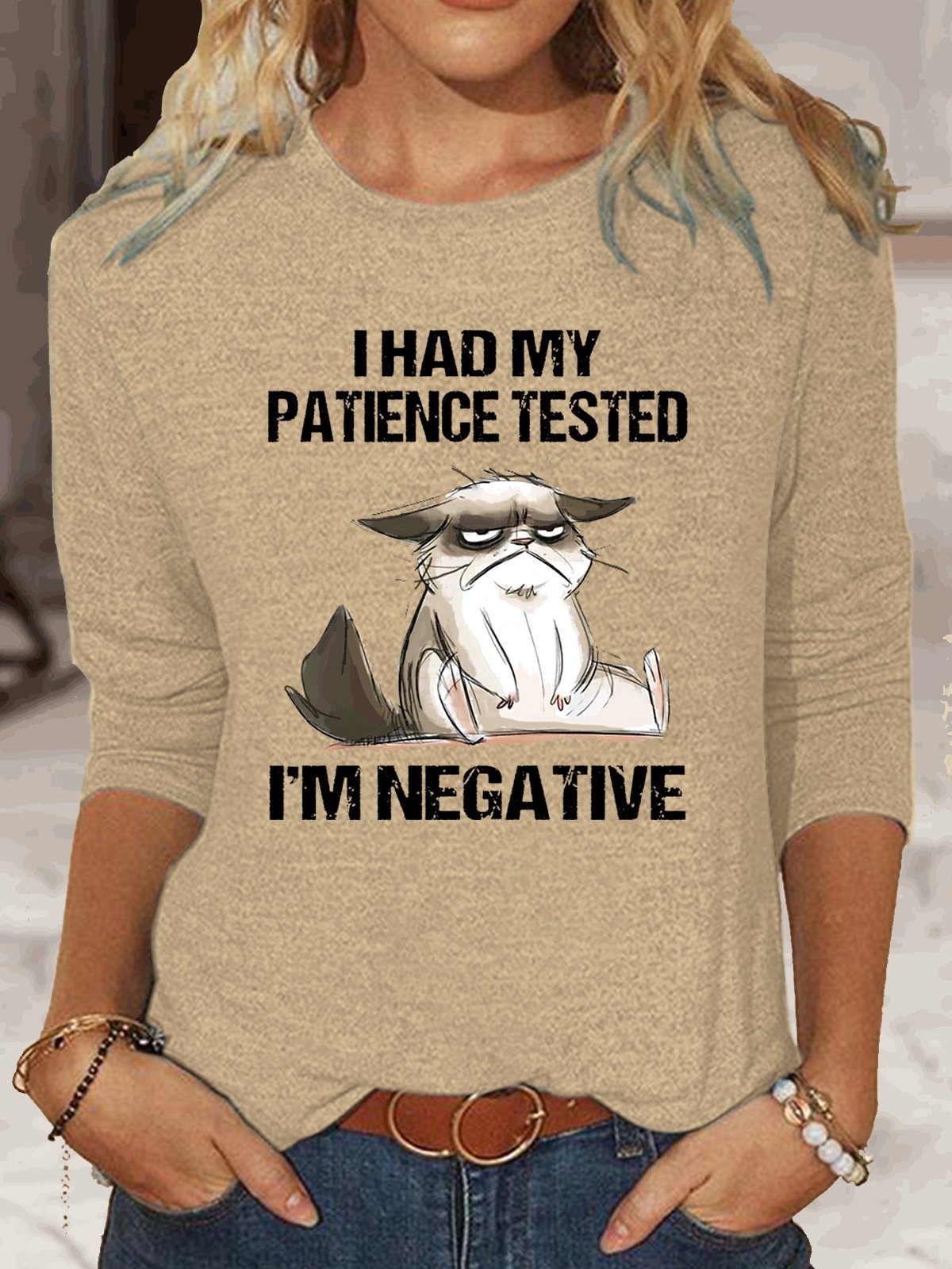 Women's I Had My Patience Tested I'm Negative Cat Funny Sarcasm Long Sleeve Top