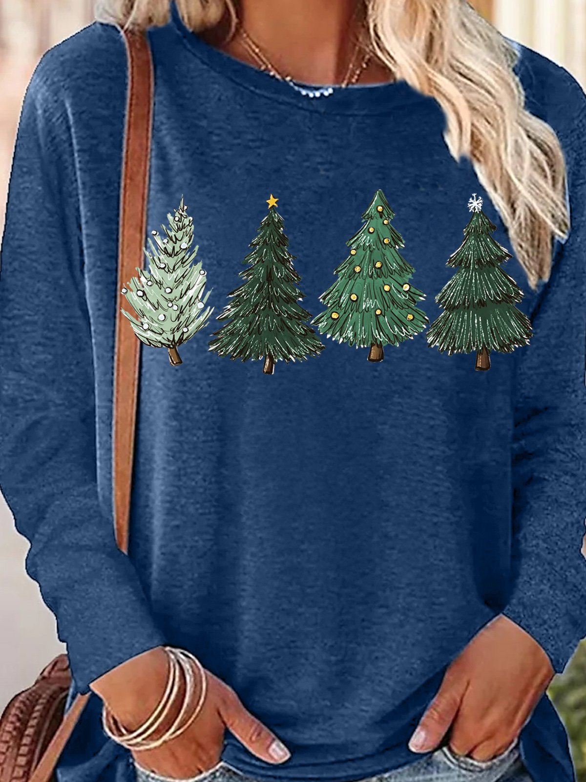 Womens Christmas Trees Lights Star Snow mint Cozy Winter Casual Crew Neck Top