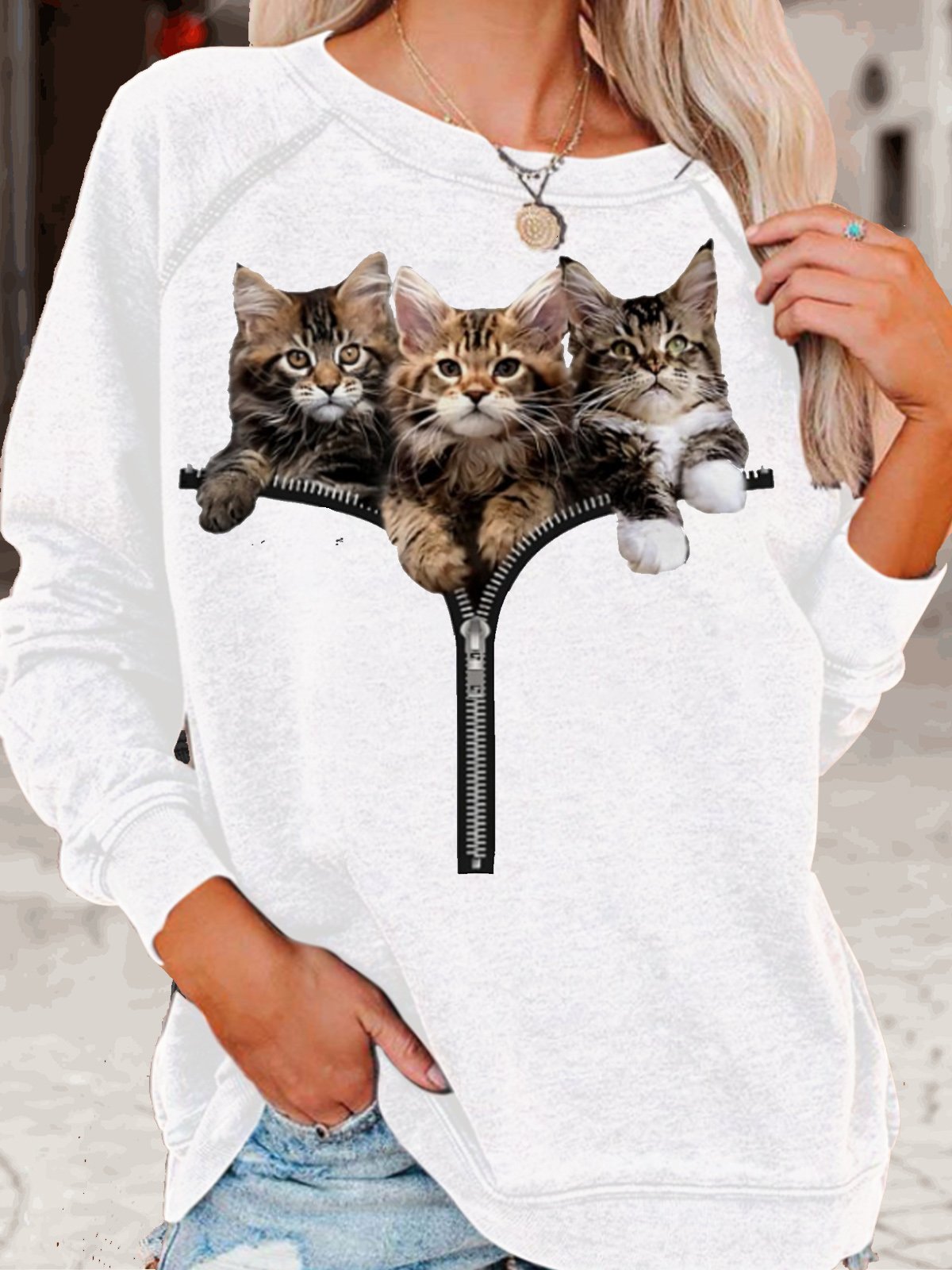 Womens Cat Lover Casual Crew Neck Sweatshirt