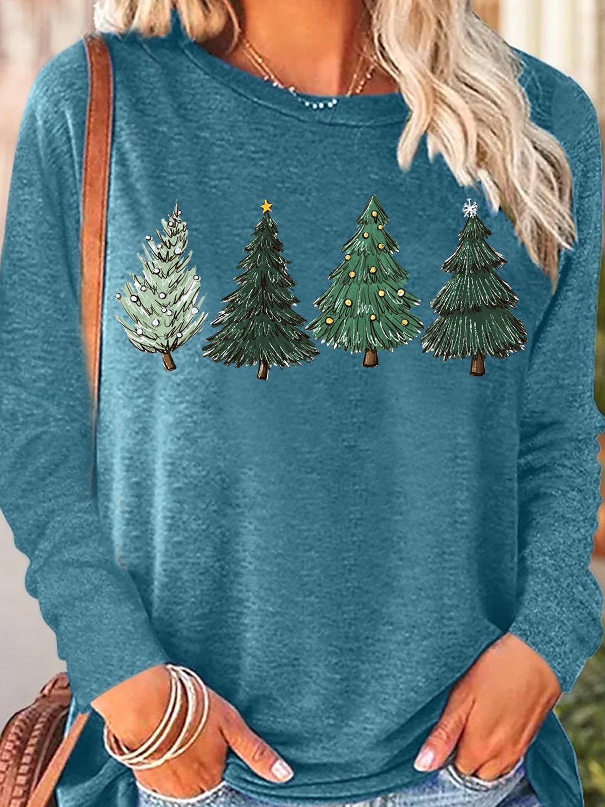 Womens Christmas Trees Lights Star Snow mint Cozy Winter Casual Crew Neck Top