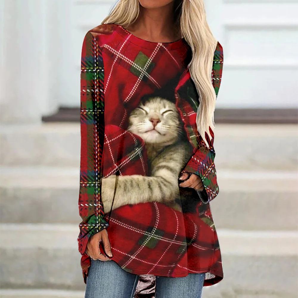 Women's Christmas Cat Plaid Crew Neck Long Sleeve Top