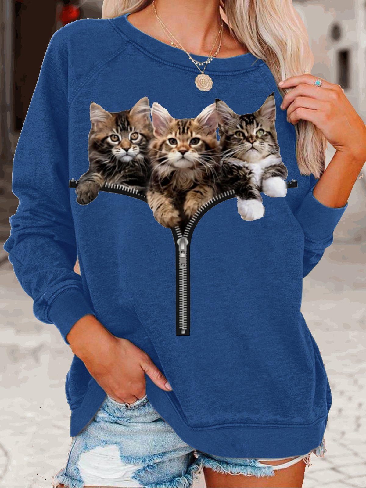 Womens Cat Lover Casual Crew Neck Sweatshirt