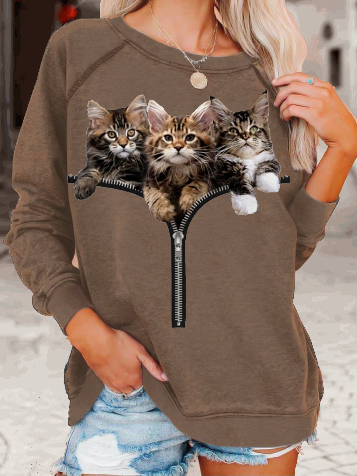 Womens Cat Lover Casual Crew Neck Sweatshirt