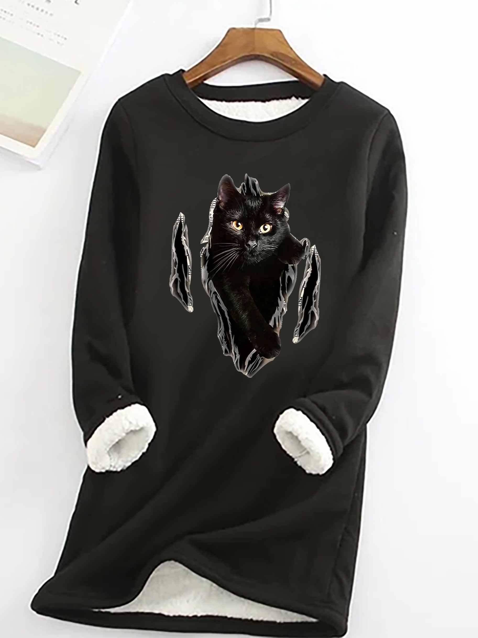 Women Black Cat Simple Warmth Fleece Sweatshirt