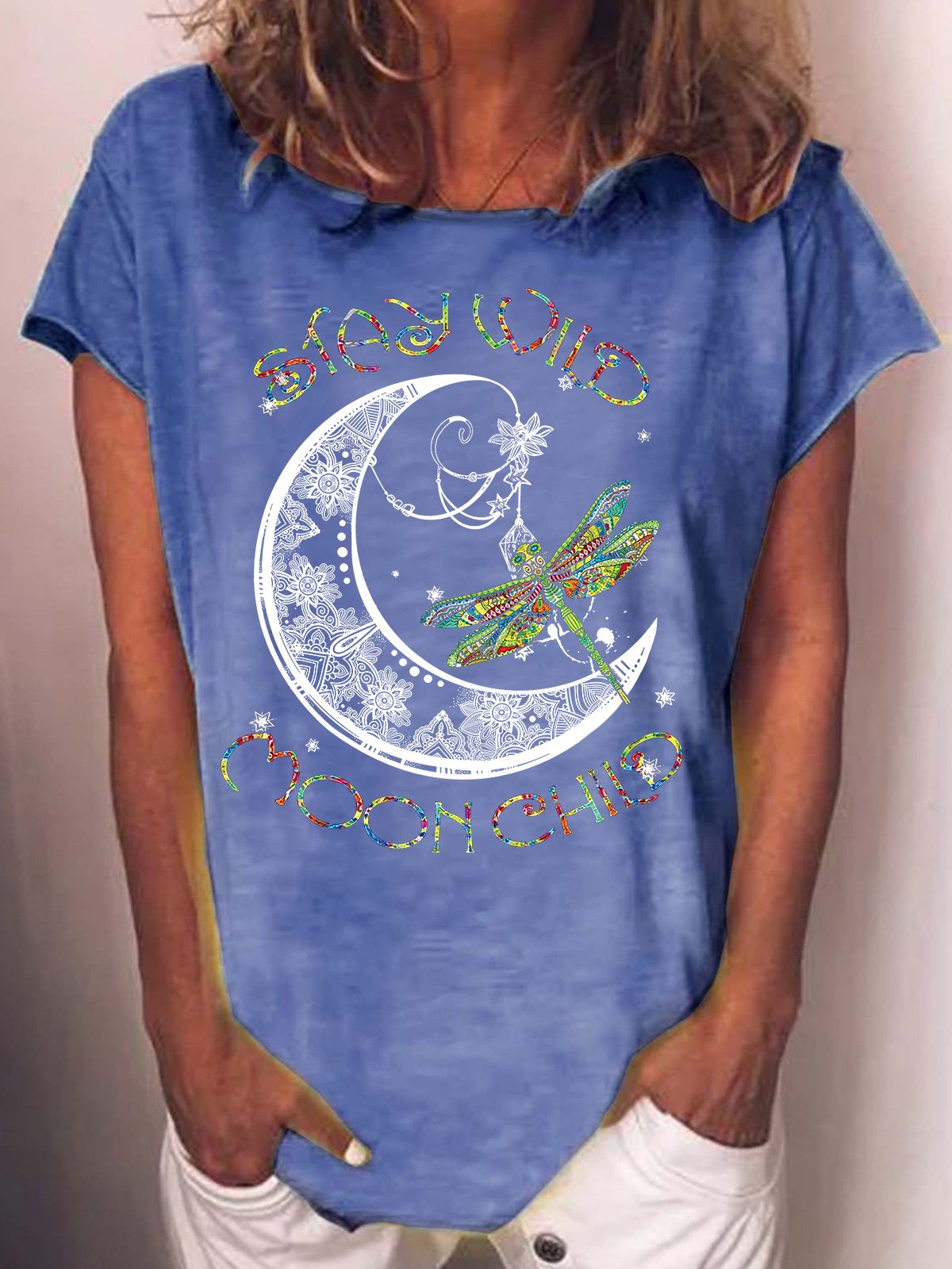 Womens Stay Wild Moonchild Dragonfly Letters Casual T-Shirt