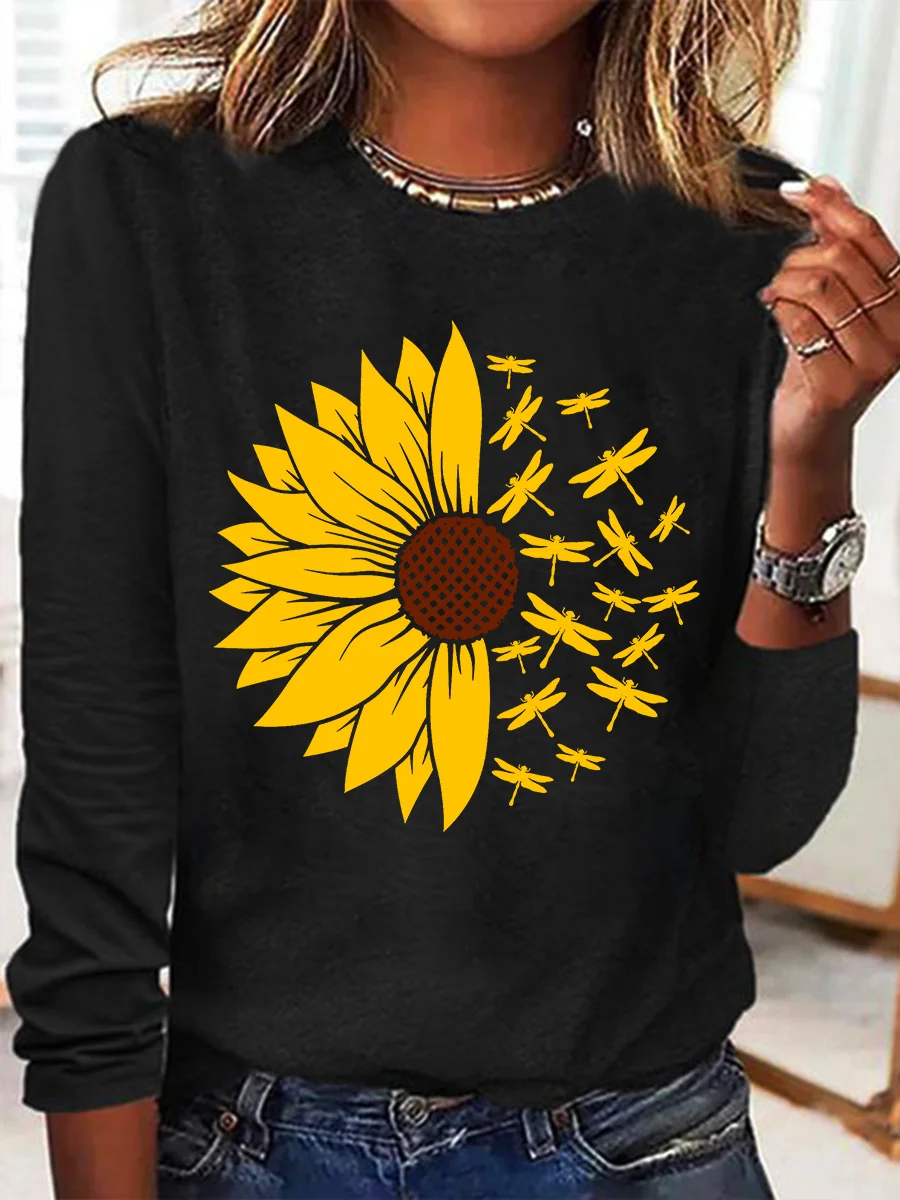 Women Dragonfly Cotton-Blend Simple Sunflower Long sleeve Long sleeve Top