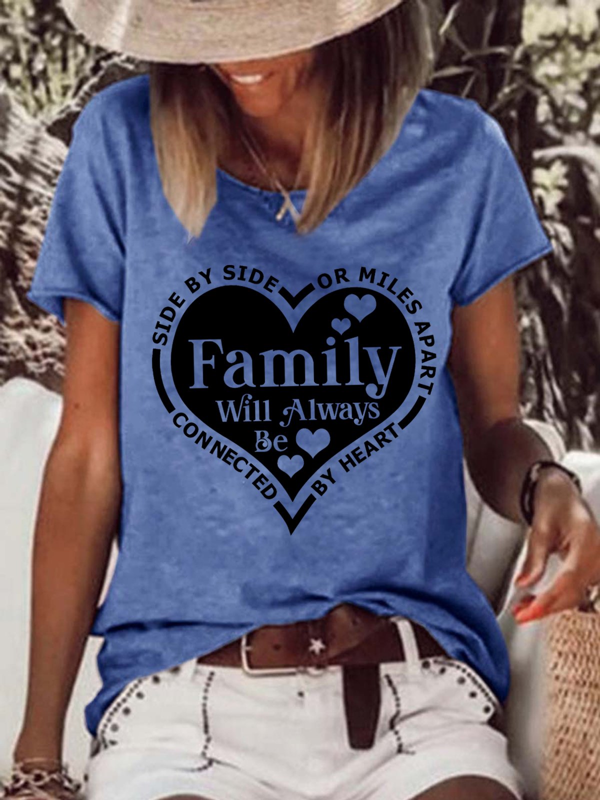 Women Side By Side Or Miles Apart Family Will Always Be Connected By Heart Cotton-Blend Simple Loose T-Shirt