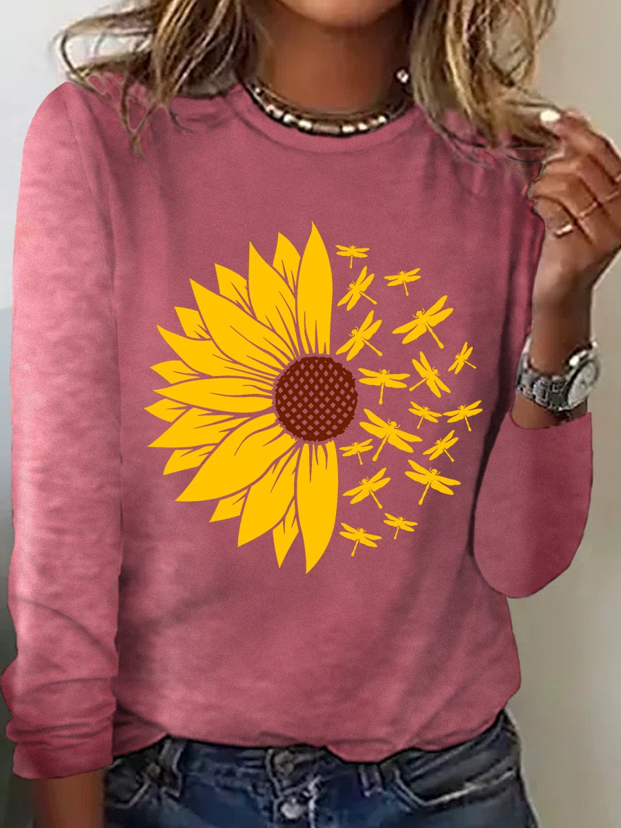 Women Dragonfly Cotton-Blend Simple Sunflower Long sleeve Long sleeve Top