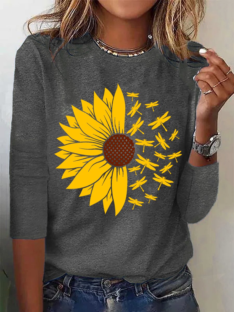 Women Dragonfly Cotton-Blend Simple Sunflower Long sleeve Long sleeve Top