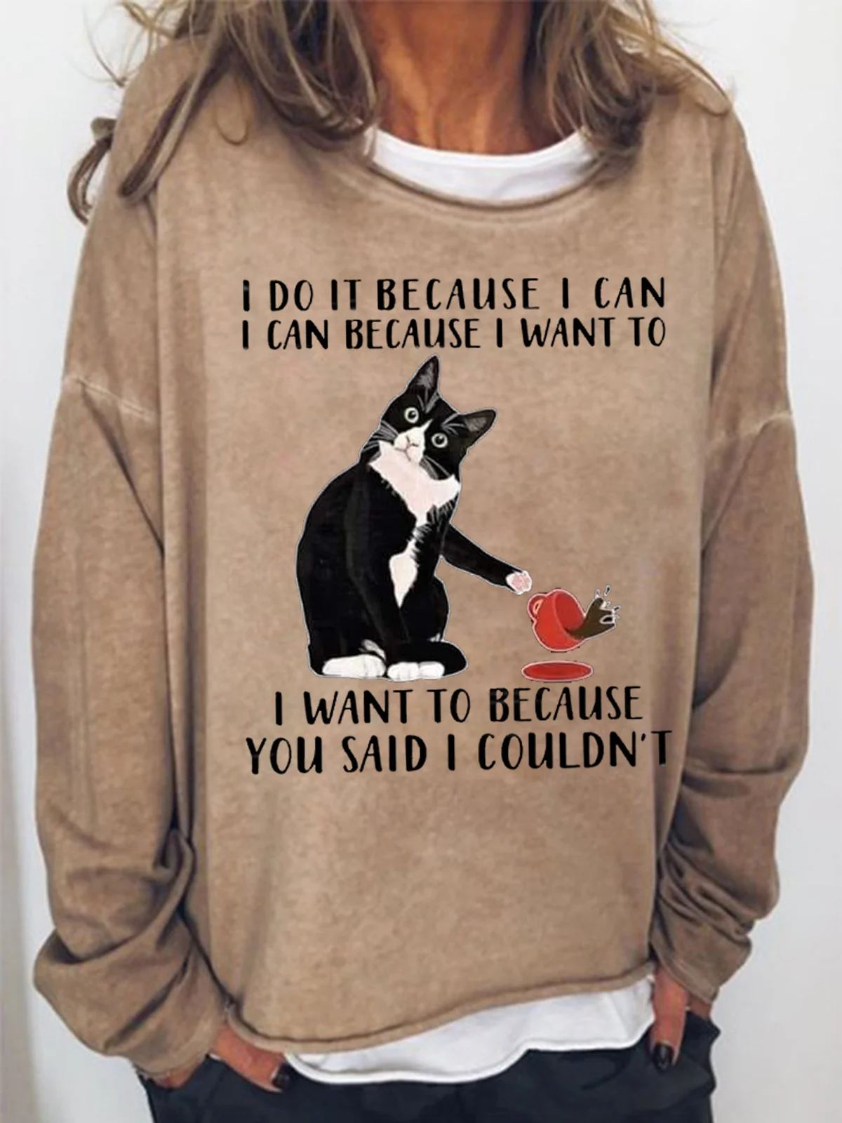 Women's I Do It Because I Can I Can Because I Want Funny Graphic Print Black Cat Loose Casual Text Letters Sweatshirt