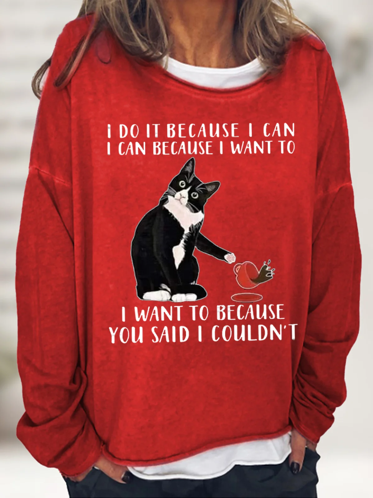 Women's I Do It Because I Can I Can Because I Want Funny Graphic Print Black Cat Loose Casual Text Letters Sweatshirt