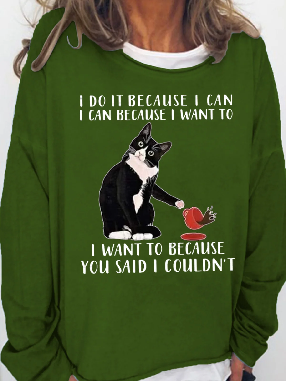 Women's I Do It Because I Can I Can Because I Want Funny Graphic Print Black Cat Loose Casual Text Letters Sweatshirt